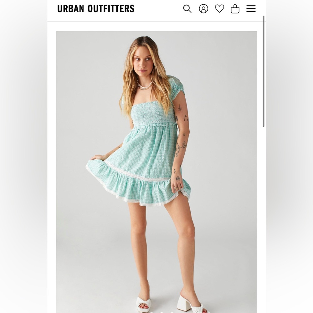 NWT Urban Outfitters Marseille Gingham Smocked Mini Dress Mint size Medium